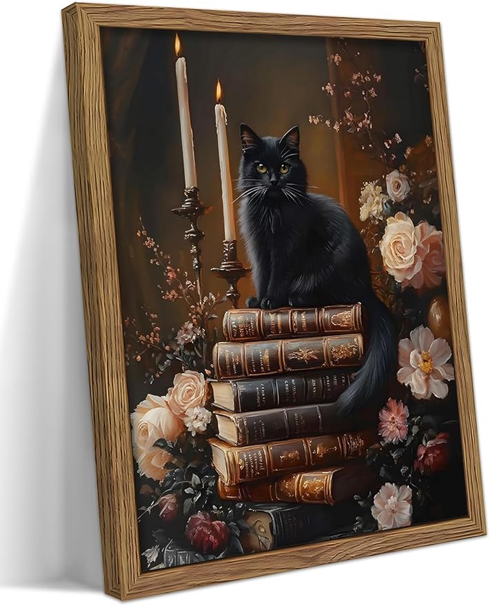 Vintage Dark Academia Framed Wall Art, Victorian Black Cat Floral Canvas Prints, Antique Book Wildflower Gothic Wall Decor for Living Room Gallery Library – Dark Wooden Frame 8x10in