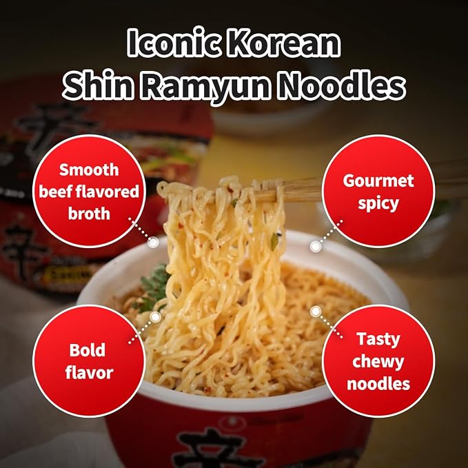 Nongshim Shin Ramyun Bowl Noodles, Spicy Korean Signature Instant Ramyun, Rich Beef Flavored Broth, Quick and Easy, Microwaveable Bowl, 3.03 oz (Pack of 12)
