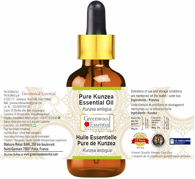 Greenwood Essential Kunzea Essential Oil (Kunzea ambigua) with Glass Dropper | Pure | Non-Sticky | Non-Greasy | Lightweight | Men & Women | All Skin Types | Steam Distilled 10ml (0.33 oz)