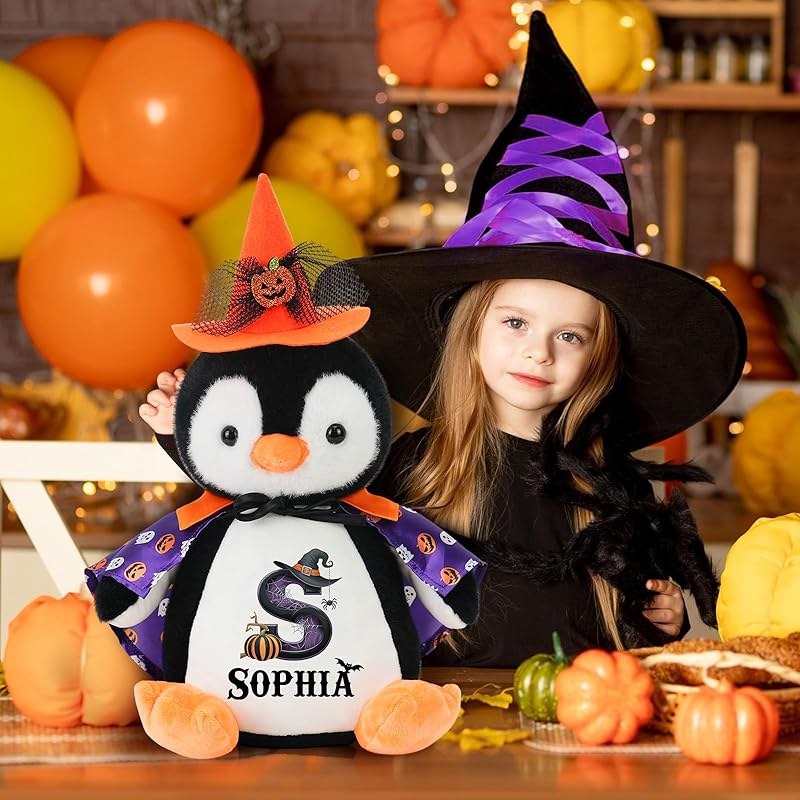 Custom Halloween Plushies Penguin Stuffed Animal, 13.8" Personalized Penguin Toy with Name Date Message, Baby's First Halloween Plush Gift for Kids Boys Girls