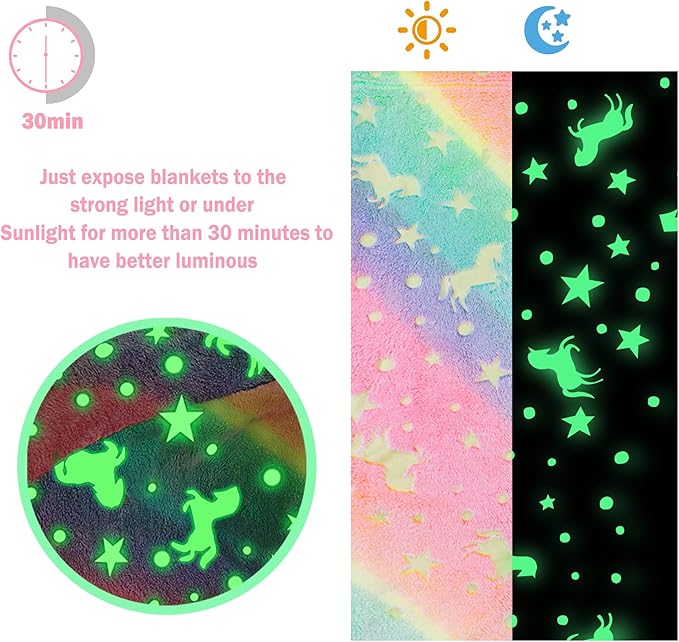 Softan Kids Unicorns Throw Blanket Glow in The Dark, Kids Blanket Gifts for Girls & Boys, Soft Cozy Flannel Luminous Unicorns Blanket for Sofa Couch Bed, Christmas Birthday Gift, 50x60IN