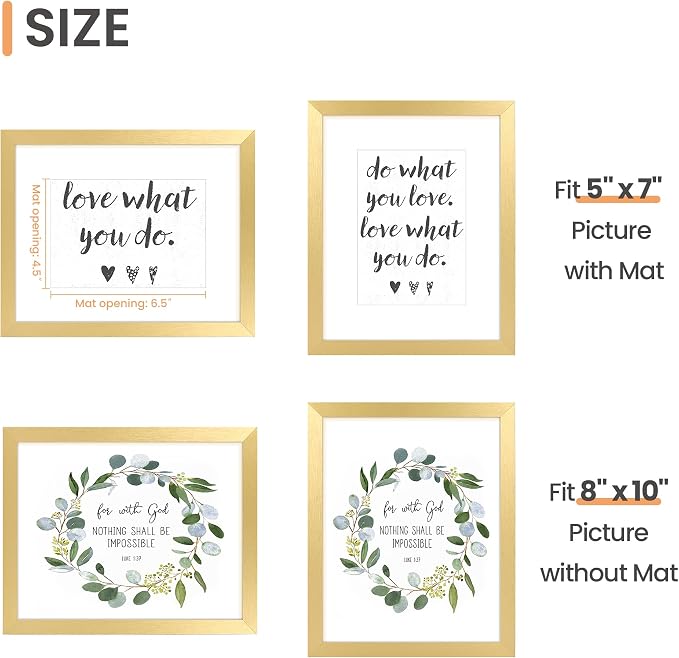 upsimples 8x10 Picture Frame, Display Pictures 5x7 with Mat or 8x10 Without Mat, Wall Hanging Photo Frame, Gold, 1 Pack