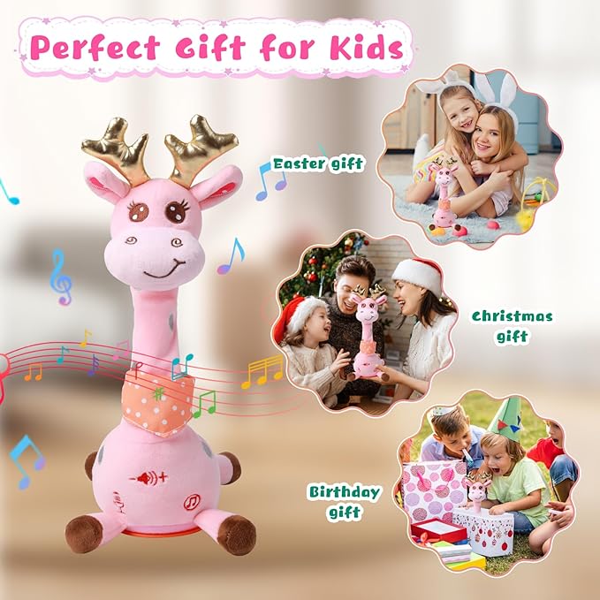 MIAODAM Dancing Talking Giraffe Stuffed Animal, Singing 10 Children's Song, Baby Toy Repeats What You Say, Christmas Colorful Glowing Giraffe Plush Interactive Toys for Toddlers 1-3 Year(Pink)