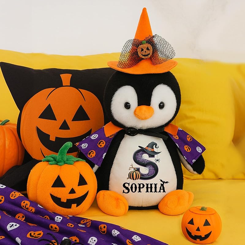 Custom Halloween Plushies Penguin Stuffed Animal, 13.8" Personalized Penguin Toy with Name Date Message, Baby's First Halloween Plush Gift for Kids Boys Girls