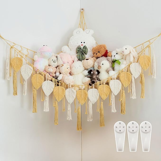 Pretty Jolly Stuffed Animal Storage with Hand Woven Leaf Tassels Hammock Corner Hanging Net Boho Macrame Plush Storage for Kid Room Nursery Decor Wall Display Organizer for Girls Boy Gift(Yellow)