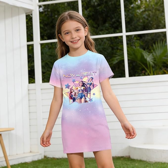 Girl's Anime K-POP Graphic Long Dress T-Shirt - Casual Loose Fit Short Sleeve Top
