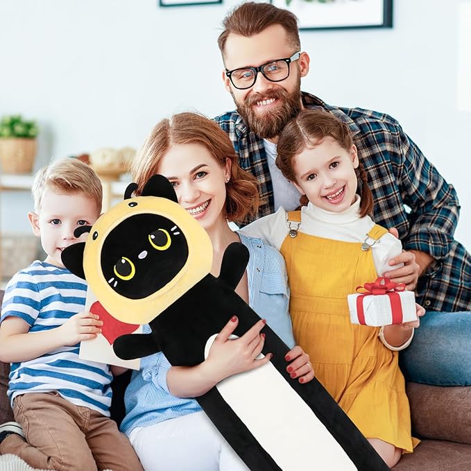 22 inch Bee Black Cat Long Plush Body Pillow Toy, Kitten Plushies with Stuffy Honeybee Oufit Big Stuffed Animals Gfit for Kids Boys Girls, Birthday