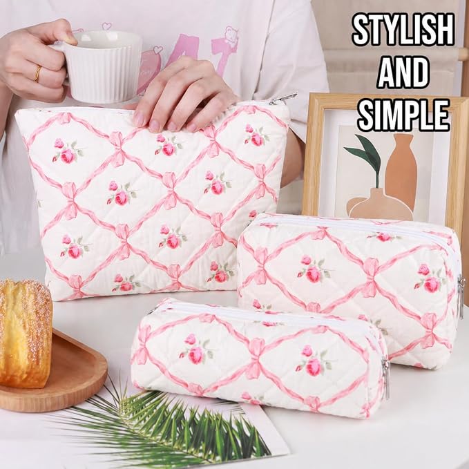 3 Pcs Makeup Bag Cosmetic Bag Set for Girls Women Travel Organizer Bathroom Toiletry Pouch Large Capacity Storage Bag（Pink Ribbon）