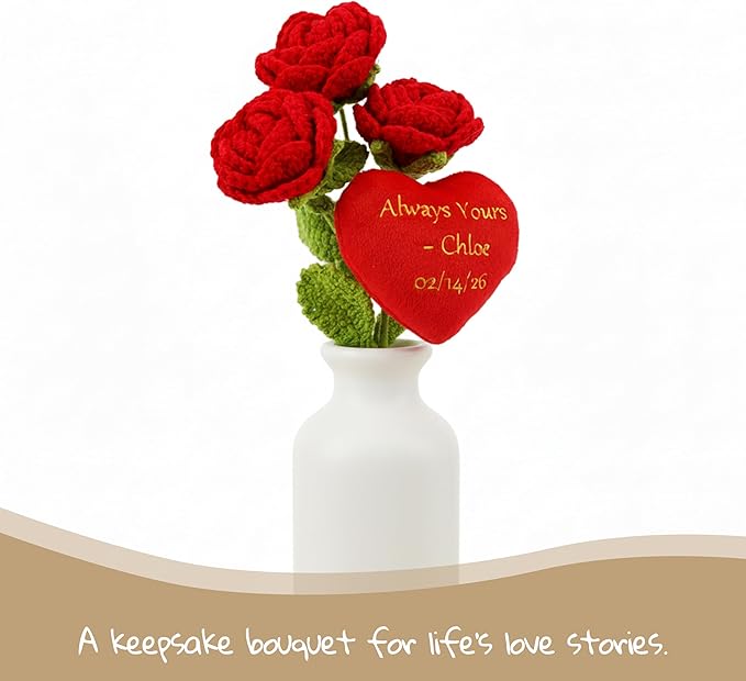 June Garden 17" Crochet Rose Flower Bouquet with Customizable Heart – 3 Soft Plush Rose with Bendable Stems – Personalized Embroidered Gift for Valentine’s Day, Anniversary or Home Décor