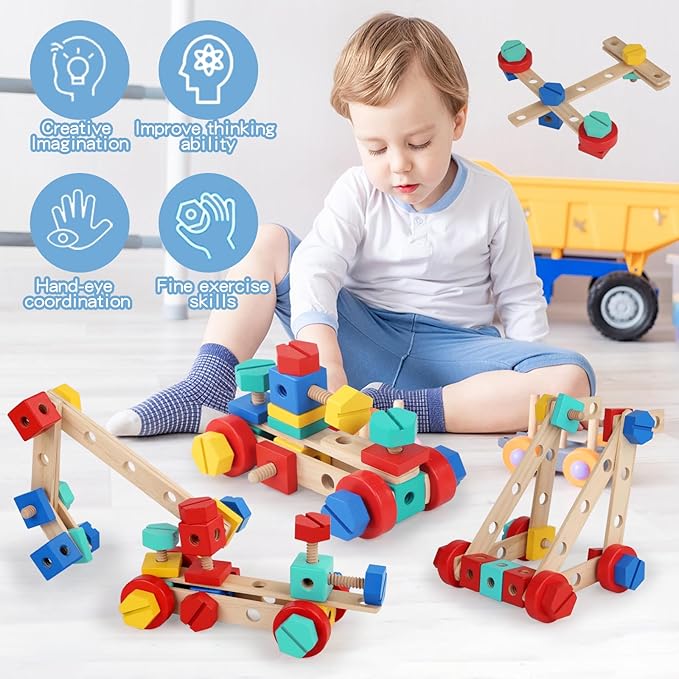 LOVELAND Wooden Nut & Bolt Building Toy for Kids Montessori STEM Construction Set with Tools, Educational Building Blocks for Toddlers Ages 3+ (Boys & Girls)