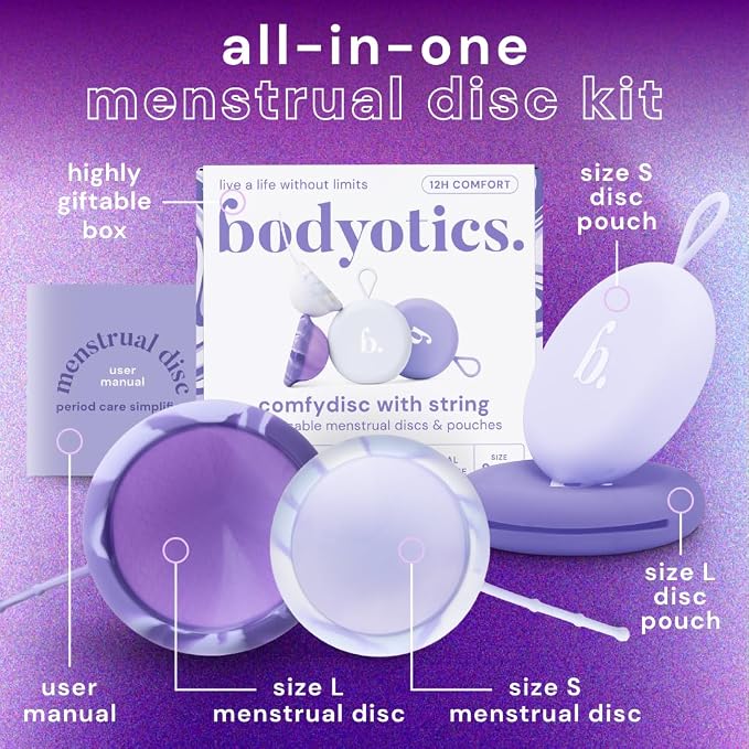 Bodyotics Reusable Menstrual Disc - 2 Pack (S & L), Purple | Leak-Proof Alternative to Cups, Tampons & Pads for Light or Heavy Flow; Body-Safe Silicone with 12 Hour Wear