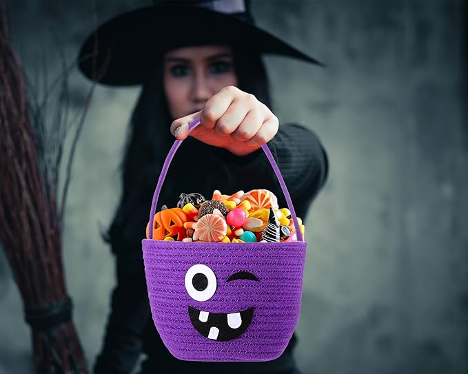 Halloween Trick or Treat Basket with Handle Cute Bucket Cotton Rope Woven Candy Bag Pumpkin Witch Cat Pig Storage Basket for Halloween Party Favor(3 Packs,Mixed Style)