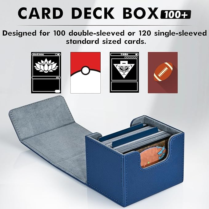 ZLCA Card Deck Box for Trading Cards, MTG Commander Deck Box Holds 120+ Single Sleeved, Leather Magnetic Card Storage Case Fits for TCG CCG Magic (Blue)