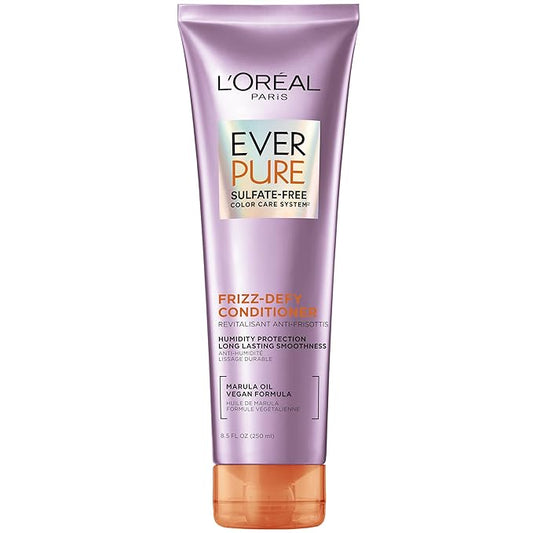 L'Oreal Paris Sulfate Free Frizz Defy Conditioner, Frizz Control Hair Care with Marula Oil, EverPure, 8.5 Fl Oz (Packaging May Vary)