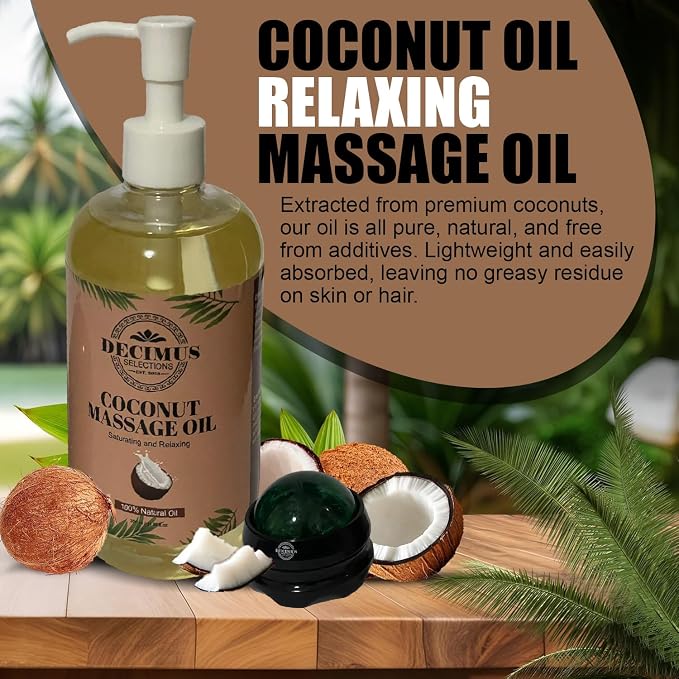 Coconut Massage Oil for Couples Date Night, with Massage Roller Ball, Full Body Massage Oil for Massage Therapy, Skin Therapy Oil & Organic Body Oil Moisturizer, Spa Gift Set for Him, Her