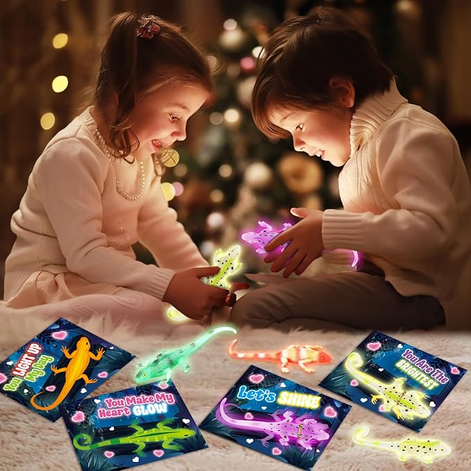 24 Pack Valentine's Day Cards for Kids with Glow in The Dark Lizard Toys, Valentines Day Gifts for Kids School Classroom Exchange, Valentine's Party Favors & Prizes for Kids