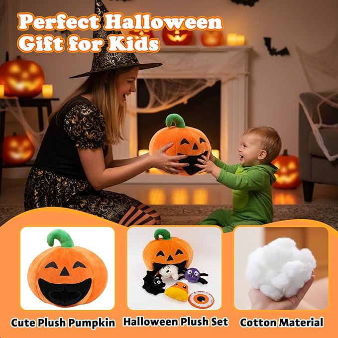 My First Halloween Baby Toys, Cuet Pumpkin Stuffed Animal Decor with Ghost Spider Bat Candy Corn Plush Toys and Small Mirror, Halloween Plush Gifts Basket Party Favors for Kids Babies Toddlers