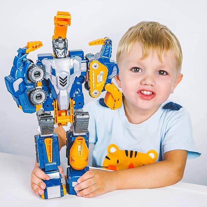 Toddler Construction Car Transform Set, 5pcs Dinosaur Rescue Robot with Magnetic Connectors, Assemble Building Trucks DIY STEM Toy, Birthday Present for Kids Boy Girl 3 4 5 6 7 Year