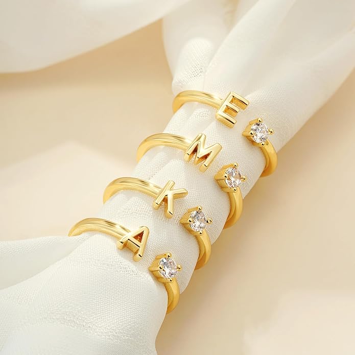 Valentines Day Gifts for Kids Teen Girls, 14K Gold Plated Adjustable Initial Rings for Women Teen Girl Trendy Stuff Birthday Valentines Day Gifts for Women Wife Mom Jewelry