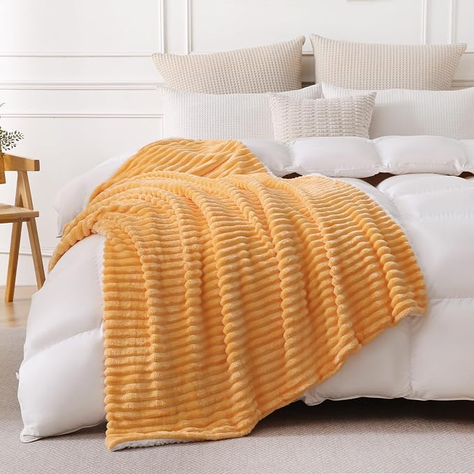 Warm Yellow Sherpa Fleece Throw Blanket 60”×80”for Couch Sofa Bed | Double Side Soft Fuzzy Cozy Plush Thick Flannel Blanket with Striped Design Gift for Adults,Woman