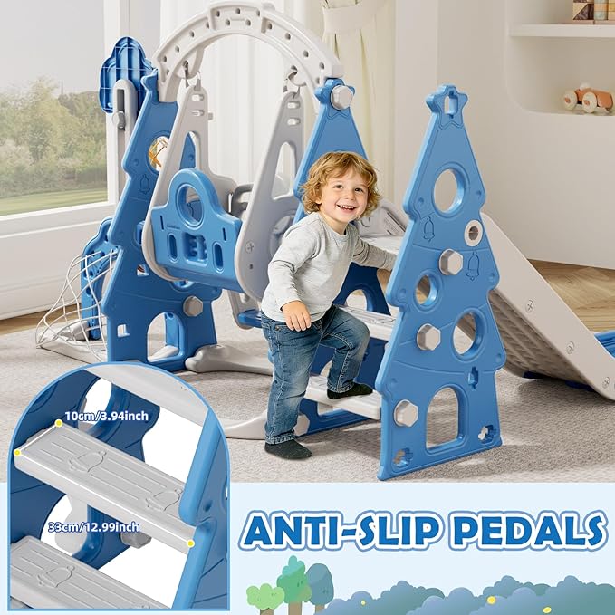KORIMEFA 6-in-1 Kids Slide and Swing Set, Toddler Slide with Basketball Hoop, Swing, Outdoor Indoor Playground for Toddlers 1-3 Pine Shape Design(6 in1-Blue)