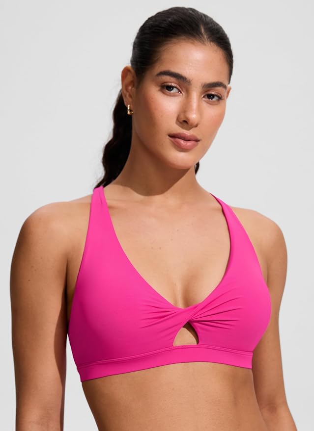 CRZ YOGA Twist Front Cut Out Bikini Tops for Women - Padded V Neck Spaghetti Strap Criss Cross Swim Bathing Suit Bra