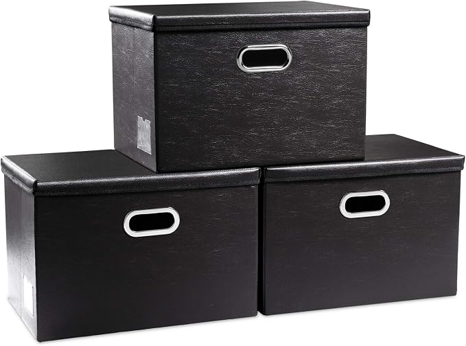 Large Foldable Storage Bins with Lids [3-Pack] Leather Fabric Collapsible Storage Boxes Organizer Containers Baskets Cube with Cover for Home Bedroom Closet Office Black(17.7x11.8x11.8)