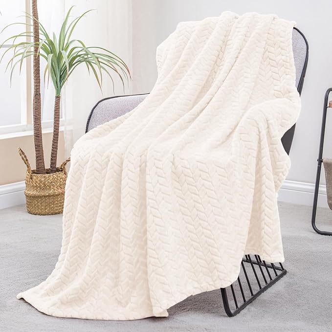 Exclusivo Mezcla Fleece Throw Blanket for Couch Sofa, 50”x70”, Off White | Oversized Soft Cozy Fluffy Blankets for Summer, Decorative Plush Flannel Throws for Living room, Bedroom with Leaves Pattern