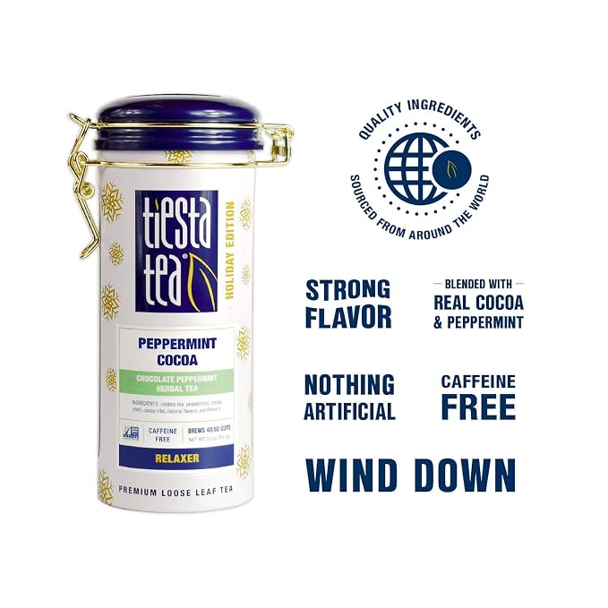 Tiesta Tea - Cozy Peppermint Cocoa, Loose Leaf, Chocolate Peppermint Herbal Tea, Premium Blend, Non Caffeinated, Make Hot or Iced Tea & Up to 50 Cups - 3 Ounce Refillable Tin