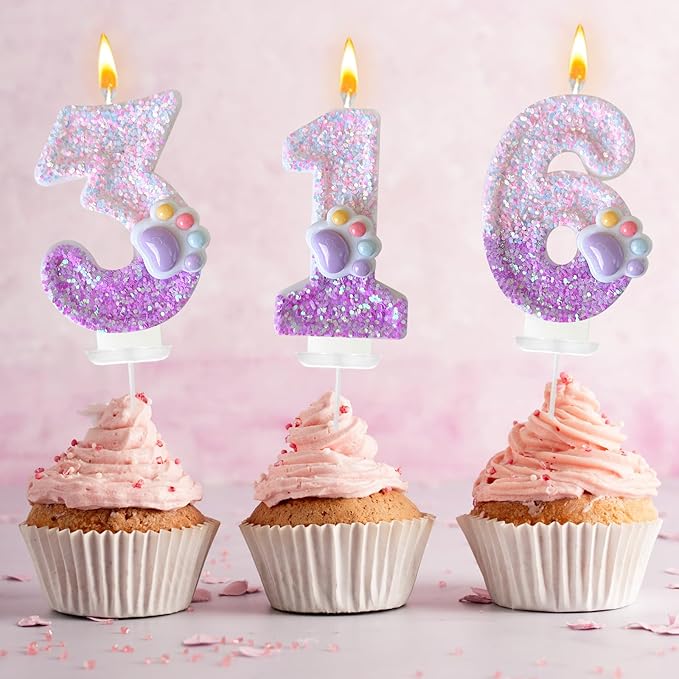 Pink Cat and Dog Paw Birthday Number Candles, Cupcake Decorations, Dog Theme Candles, Suitable for Party Celebrations, Birthday Decoration Supplies (Number 3)