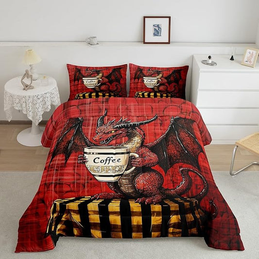 Feelyou Dragon Comforter Set Toddler Size Dragon Stuff Comforter for Boys Girls Teens Wild Life Bedding Set Coffee Duvet Set Room Decor Red Quilt Set