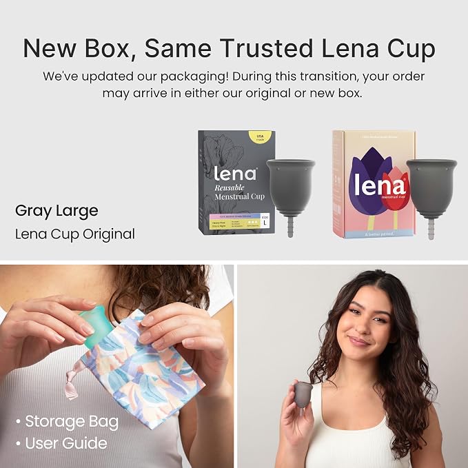 Lena Menstrual Cup Original - Soft Medical-Grade Silicone Period Cups for Women Heavy Flow, Reusable and Comfortable 12-Hour Leak-Free Protection, Beginner-Friendly Feminine Care - Large, Gray
