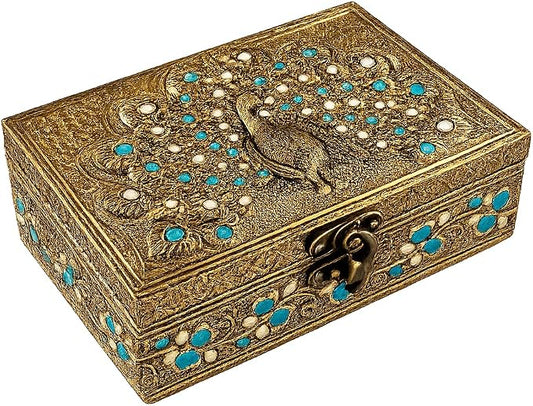 ETROVES 6 inch Jewelry Box - Handmade Portable Treasure Organiser Keepsake - Decorative Memory Storage Case Single Compartment for Women Men Jewel - Vintage Trinket Box (Peacock)