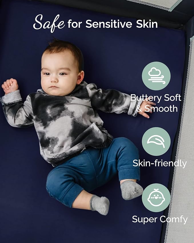 Pack and Play Sheets for Baby Bjorn, Guava Lotus Travel Crib and 24 x 42 Inch Travel Light Playard Mattress – Buttery Soft Jersey Pack n Play Sheets Fitted, Grey + Navy + Cloud, 3 Pack