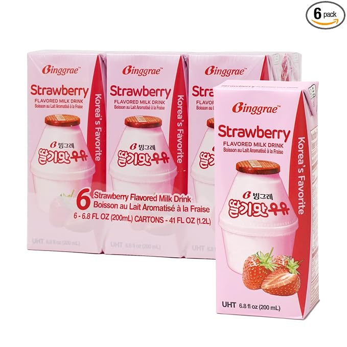 Binggrae Strawberry Flavored Milk Drink – Sweet and Creamy Korean Beverage – Shelf-Stable 6.8 fl oz Cartons – Pack of 6