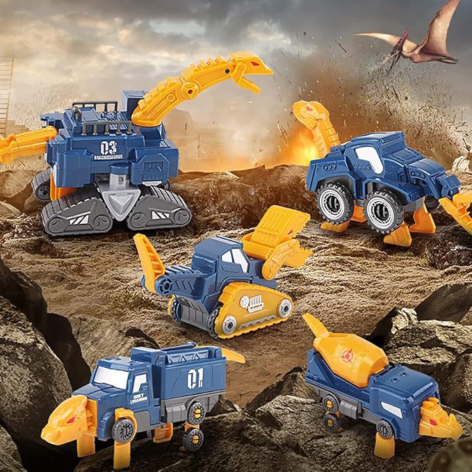 Toddler Construction Car Transform Set, 5pcs Dinosaur Rescue Robot with Magnetic Connectors, Assemble Building Trucks DIY STEM Toy, Birthday Present for Kids Boy Girl 3 4 5 6 7 Year