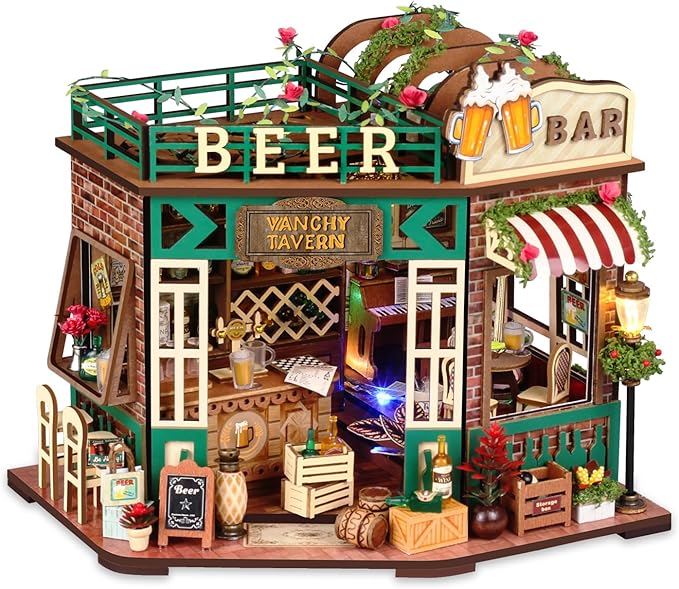 TuKIIE DIY Miniature House Kit with Furniture, 1:24 Scale Creative Room Mini Wooden Dollhouse Book Nook for Kids Teens Adults(Beer Bar)