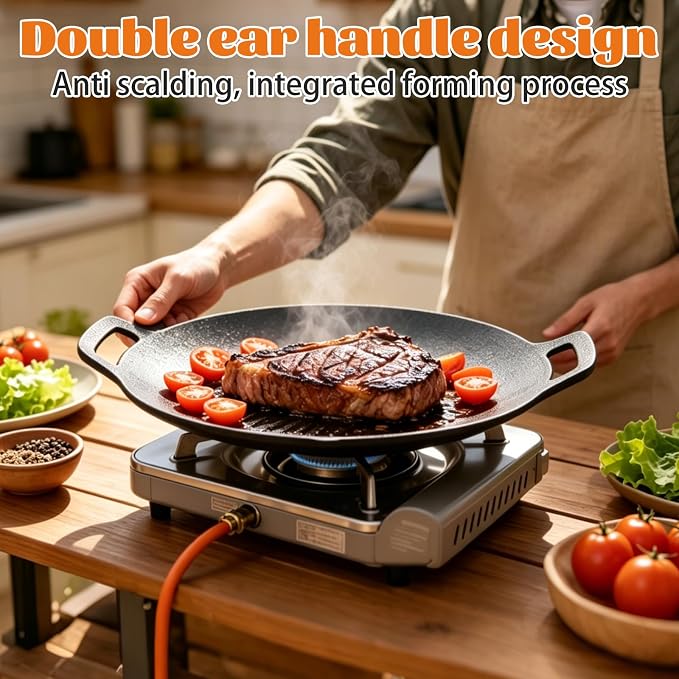 Korean Grill Pan, 13 Inch Korean BBQ Grill Pan for Indoor Cooking and Outdoor Camping, Round Grill Pan with Storage Bag, Tongs and Oil Brush for Stovetop, Grill, Meat and Vegetables