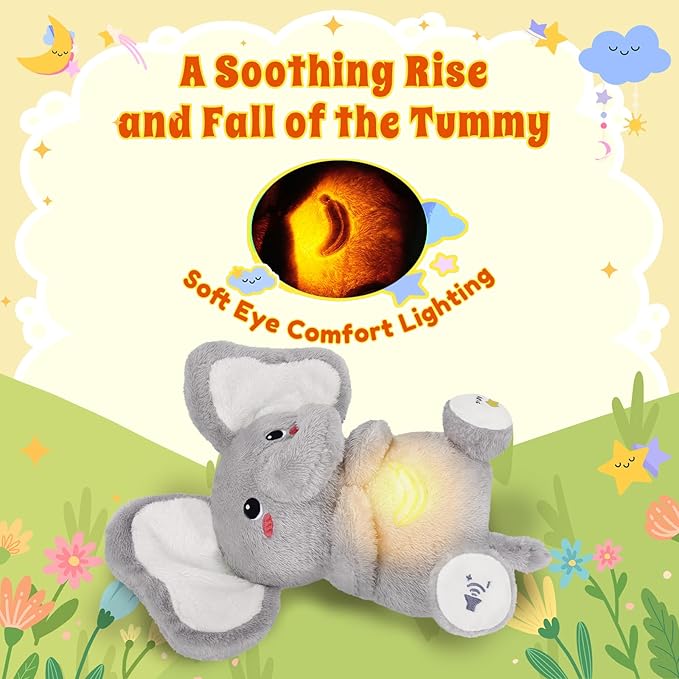 BRICHOEE Breathing Stuffed Animal, Soothing Elephant Stuffed Animal with Moving Ears, Breathing Motion, Calming Sound and Light for Baby Sleep Companion Portable Plush Gifts for Kids Adults Newborns
