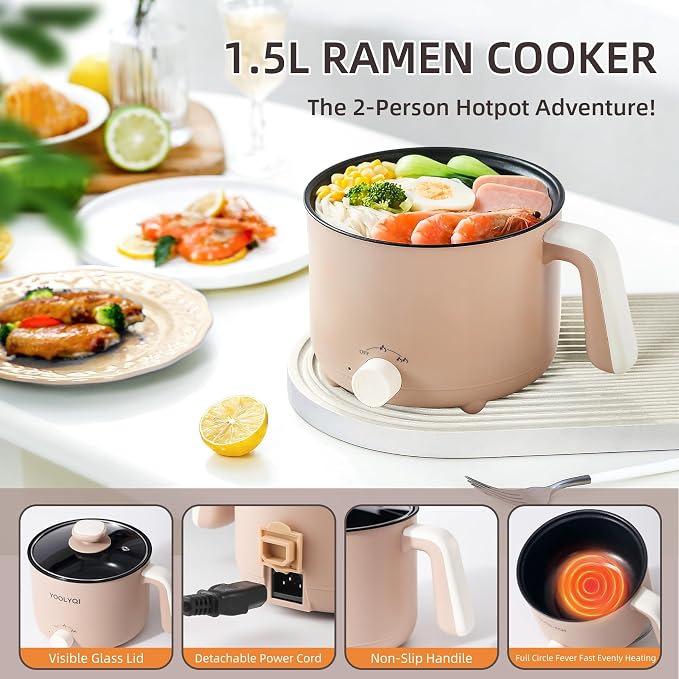 1.5L Electric Pot Non-Stick Ramen Cooker for Travel | Portable Personal Pot with Adjustable Power, for Noodles,Soup,Eggs,Oatmeal,Overheat & Boil-Dry Protection,for Dorm,Office