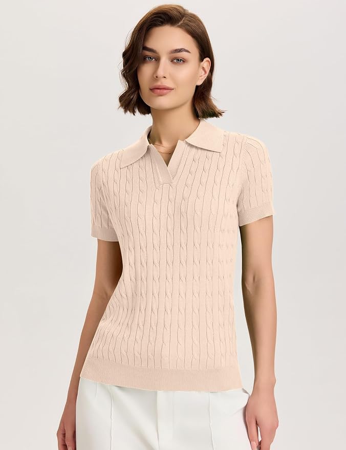 Micoson Womens Short Sleeve Sweater Tops Lapel V Neck Polo Shirts 2026 | Summer Cable Knit Loose Blouses, Business Casual Outfits