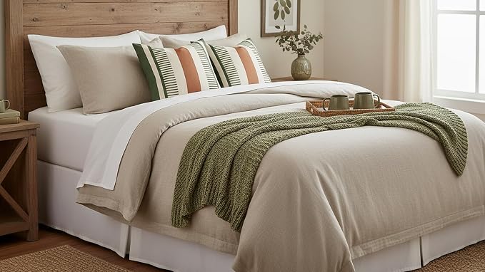 Decorative Farmhouse Throw Pillow Covers 18x18 Accent Faux Leather Pillowcase Rustic Boho Decor,Olive Green and Beige (Cover ONLY, Pack of 2)