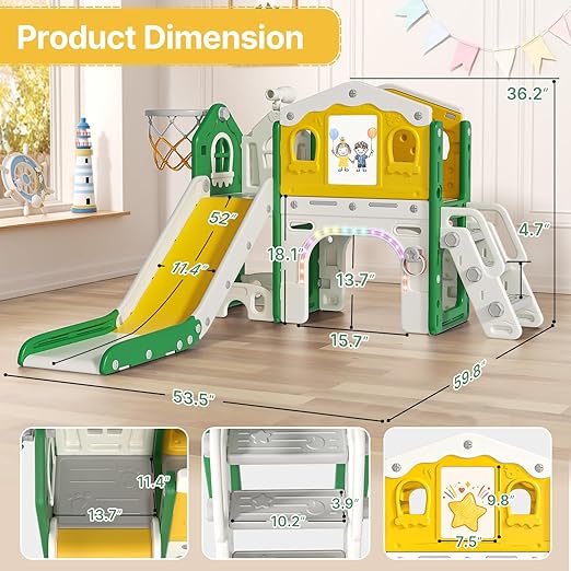 BIERUM 9 in 1 Toddler Slide Set - Baby Slide for Toddlers 1-3 with Colorful Lights, Drawing Board and Building Blocks Board, Indoor Outdoor Toddler Playset Playground, Green Yellow