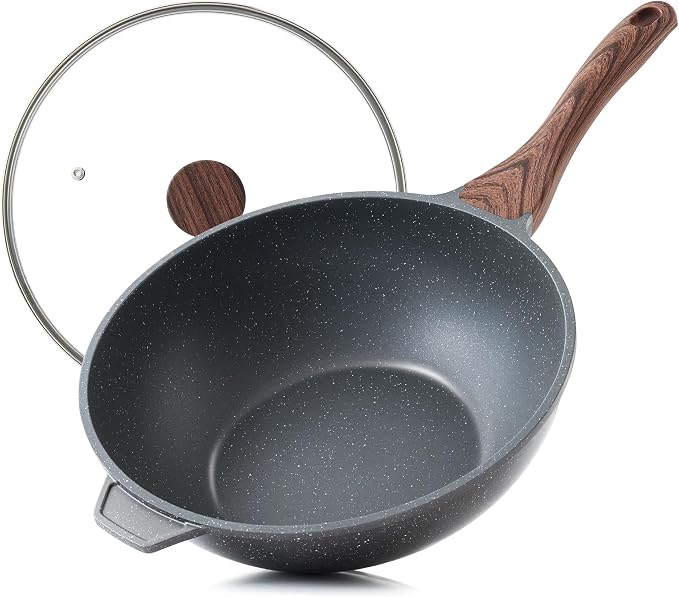 SENSARTE Nonstick Wok Pan with Lid 11-inch, Healthy Stir-fry Pan Induction Cookware with Swiss Granite Coating, Deep Frying Pan Skillet with Stay-cool Handle, PFOA Free