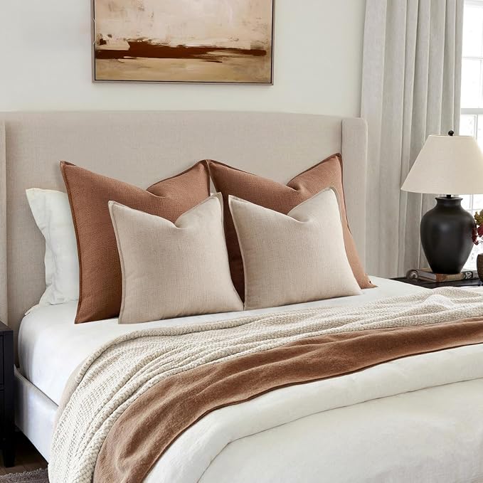 MIULEE Thick Textured Euro Sham Throw Pillow Covers 26x26 in Oatmeal Linen | Set of 2, Decorative Linen Blend Pillow Cover, Flange Edge Design, Farmhouse Modern Boho Style, Bed Couch Living Room Decor