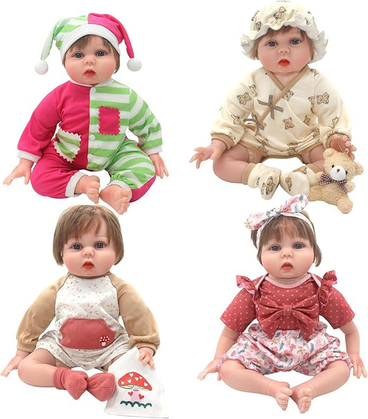 DC-BEAUTIFUL 12 Pcs Doll Clothes Set Fit 22 Inch Reborn Baby Dolls, 4 Complete Set Outfits Accessories Includes Rompers Headband Socks Bib Hat and Toy Bear for Girls Birthday