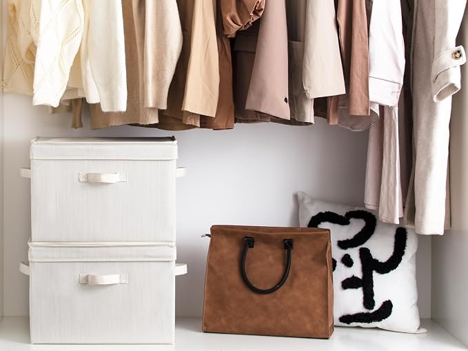 StorageWorks Closet Storage Bin with Lids, Decorative Storage Boxes with Handles, Fabric Storage Bins for Clothes, Jumbo, Mixing of Beige, White & Ivory, 2-Pack | Flip-Top Lid, 3 Handles, Collapsible, Stackable, for Clothes Blankets, Multi-Purpose, Jum...