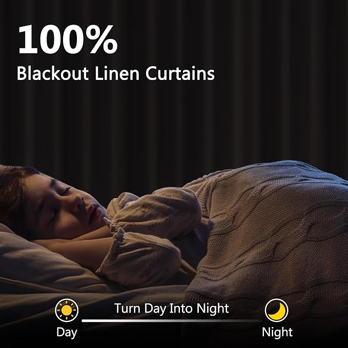 Guken 100% Blackout Linen Curtains for Bedroom 96 inches Long, Thermal Insulated Room Darkening Black Out Drapes for Living Room, Back Tab Rod Pocket 2 Panels Set,Farmhouse,52x96