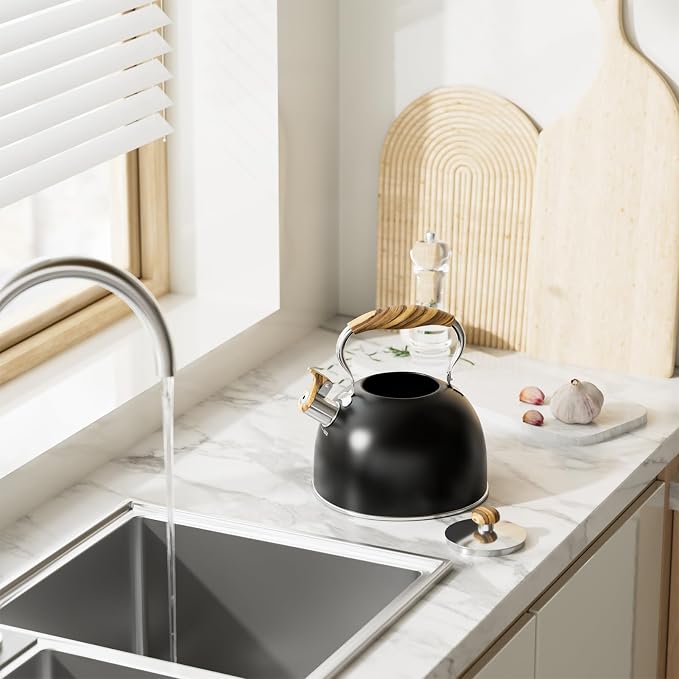 2.6 Quart Whistling Tea Kettle for Stovetop, Black | Food Grade Stainless Steel with Cool Wood Pattern Handle, Induction Compatible