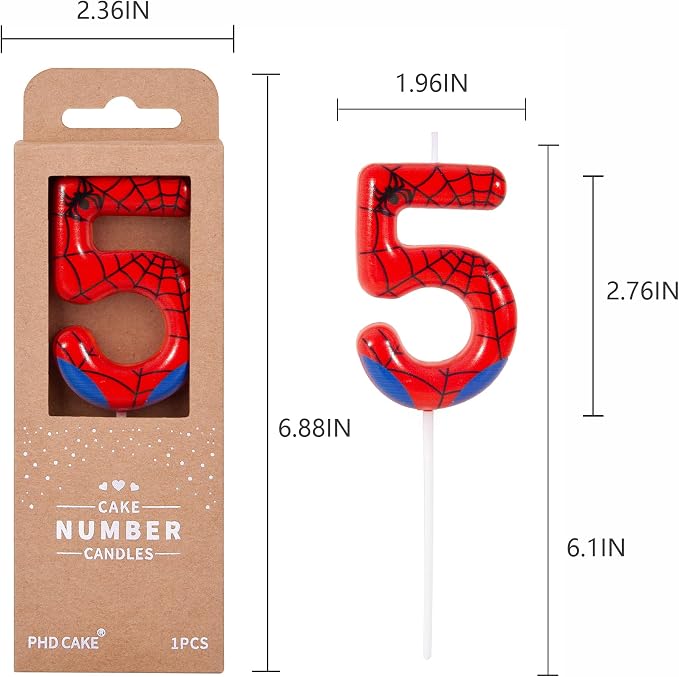 PHD CAKE 2.76 Inch Number 5 Spider Birthday Candles, Spider Cartoon Themed Number Candles, Cake Number Candles, Party Celebration